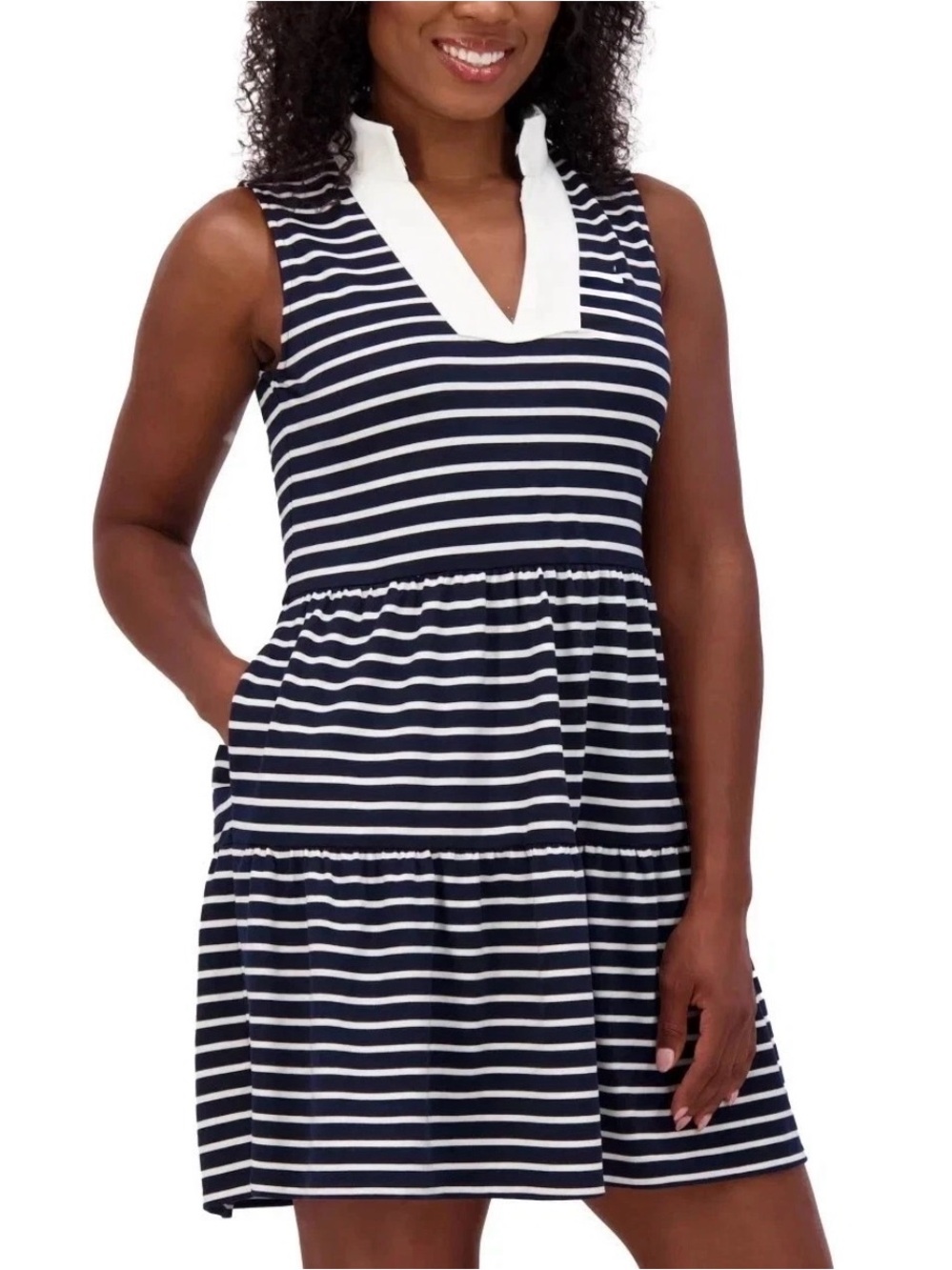 Eliza J Navy White Striped Tiered Dress Pockets Sleeveless Size M Preppy